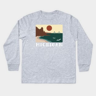 Minimalist Michigan Sunset Vintage Beach Kids Long Sleeve T-Shirt